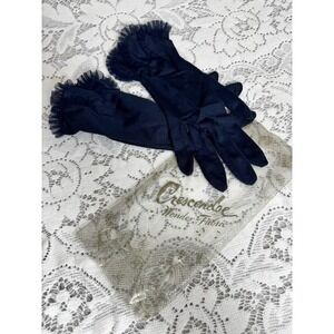 Vintage Crescendo Sheer Navy Gloves Ruffle Sz 7 w Bag 11" Length Formal